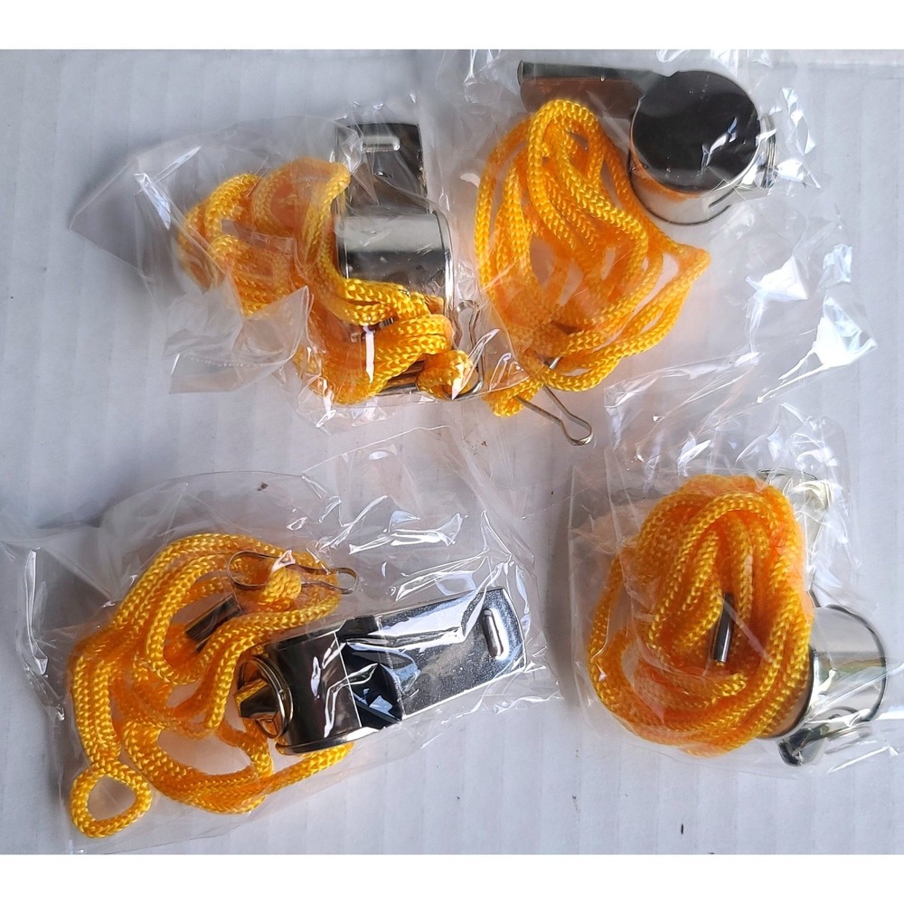 Lot of 4 Metal Sports Whistles with Yellow Lanyards for Coaches Referees Safety